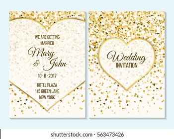 Wedding invitation, thank you card, save the date card. Wedding invitation, baby shower, menu, flyer, banner template with gold stripes, heart, confetti, background. Elegant luxury wedding invitation