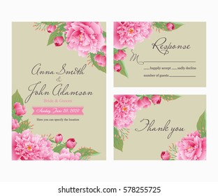 Wedding invitation, thank you card, save the date cards.Wedding collection,wedding design,invitation card,romantic floral, peonies. EPS 10
