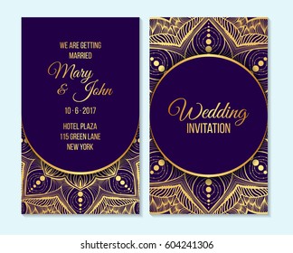 Wedding invitation, thank you card, save the date, baby shower cards. Wedding invitation, baby shower, menu, flyer, banner template, gold mandala and purple background, Indian design.