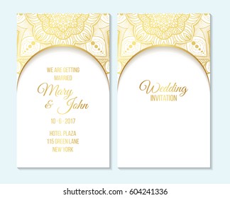 Wedding invitation, thank you card, save the date, baby shower cards. Wedding invitation, baby shower, menu, flyer, banner template, gold mandala and white background, Indian design.