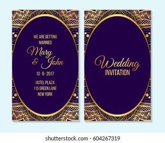 Wedding invitation, thank you card, save the date card with gold ornament mandala, indian design. template layout.