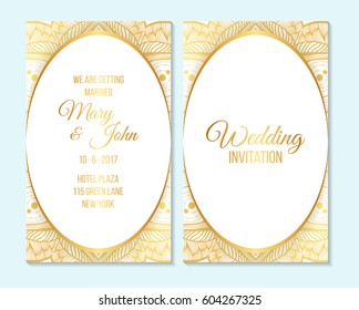 Wedding invitation, thank you card, save the date card with gold ornament mandala, indian design. template layout.