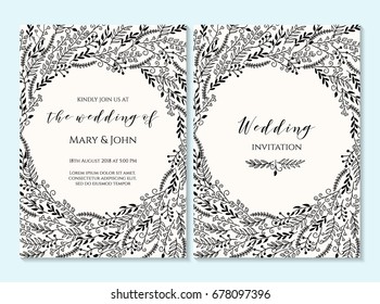 Wedding invitation, thank you card, save the date card. Wedding invitation, baby shower, menu, flyer, banner template with calligraphy, confetti, background. Elegant hipster rustic wedding invitation.