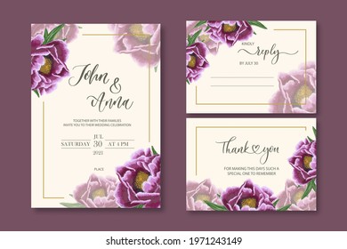 Wedding invitation, thank you, reply, with gently watercolor flowers peony.