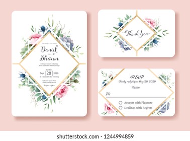 Wedding Invitation, thank you, rsvp card Design template. Queen of sweden rose flower, leaves, Succulent plants. vector.