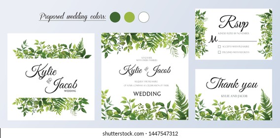 Wedding Invitation, thank you and rsvp card. Floral design with green watercolor fern leaves, foliage greenery decorative frame print. Vector elegant cute rustic greeting, invite, postcard 