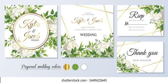 Wedding Invitation, Thank You And Rsvp Card. Floral White Roses With Green  Fern Leaves, Foliage Greenery Decorative Gold Frame Print. Vector Elegant Cute Rustic.