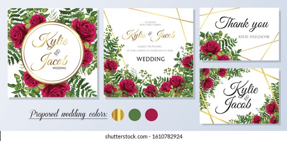 Wedding Invitation, thank you, rsvp card. Floral design with green and gold watercolor leaves, red rose decorative frame print. Vector elegants cute rustic greeting, invite.