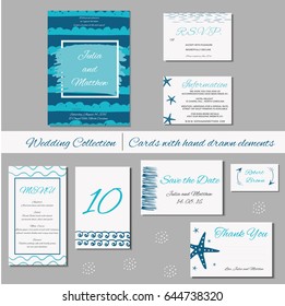 Wedding invitation, thank you, save the date, baby shower, menu, information, RSVP. Collection of card templates for marriage, bridal, birthday, Valentine's day. Stylish hand drawn design.