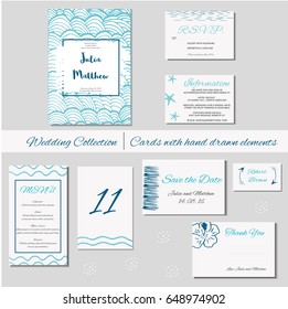 Wedding invitation, thank you, save the date, baby shower, RSVP. Collection of card templates for marriage, bridal, birthday, Valentine's day. Stylish hand drawn design.