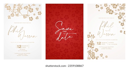 Wedding invitation three set cards with cherry blossom flowers ornamental design for Stationery, Layouts, collages, scene designs, event flyers, Holidays celebrations cards paper, print paper material