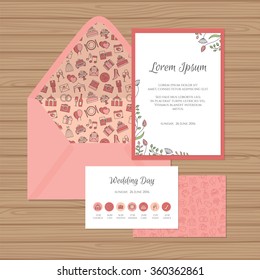 Wedding invitation, timeline card and envelope with floral ornament and seamless pattern of wedding element. Vector illustration.