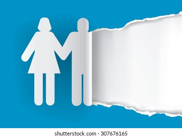 Wedding invitation torn paper.
Couple silhouette ripping blue paper with place for your text or photo. Original concept for wedding invitation. Vector available.
