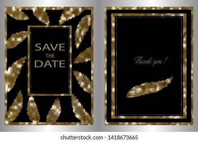 Wedding invitation, invitation to Torres, invitation template. Golden tree branches with golden frame on a black-green background that can be changed. Vector illustration.