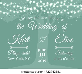 Wedding Invitation with tree and light garlands. Banner wedding invitation. Vector illustration