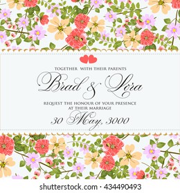 Wedding invitation with tropic polynesian floral background. Greeting postcard in retro vector Elegance pattern with flowers roses floral illustration vintage style