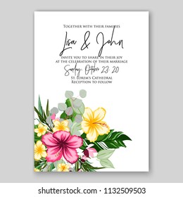 Wedding invitation tropical flower hibiscus palm leaves wording template Marriage ceremony ornament Floral poster Vector greeting card bridal shower invitation aloha luau baby shower invite background