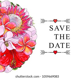 Wedding invitation with tropical flowers isolated on white background. Sketch colorful exotic blooms of hibiscus, protea, magnolia and plumeria in form of hemisphere. Vector illustration.
