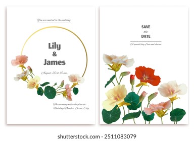 Wedding invitation. Tropical flowers. Nasturtium. Multicolored beautiful flowers on a white background. Bouquet. Green leaves.