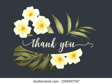 Wedding invitation with tropical flowers of plumeria, white hibiscus and palm leaves on gray background. Floral design for marriage invitation and thank you cards with place for text.