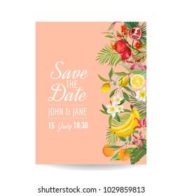Wedding Invitation with Tropical Fruits and Palm Leaves. Greeting Save the Date Card with Flowers for Anniversary, Baby Shower, Poster, Covers. Vector illustration