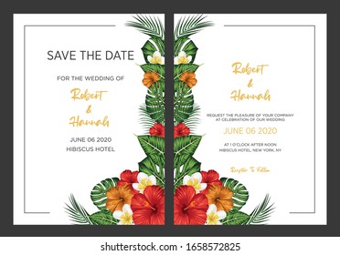 wedding invitation with tropical leaves environment