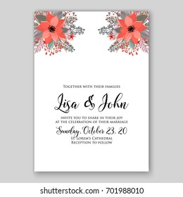 Wedding invitation tropical template with floral wreath or bouquet of rose, poinsettia, hibiscus  Bridal shower invitation card