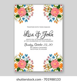 Wedding invitation tropical template with floral wreath or bouquet of rose, poinsettia, hibiscus  Bridal shower invitation card