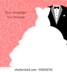 Wedding invitation with a tuxedo and dress on an abstract background. Bride and groom. Vector illustration.