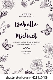 Wedding invitation with two butterflies and flowers. Romantic summer background. Aster, chrysanthemum, daisy. Vector design elements. Black and white.