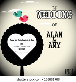 Wedding invitation with two cute birds and tree 