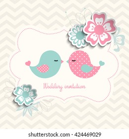 wedding invitation with two cute birds and flowers with 3D effect, vector illustration, eps 10 with transparency
