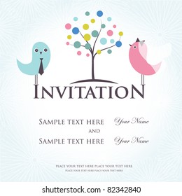 Wedding invitation with two cute birds in bride and groom costumes