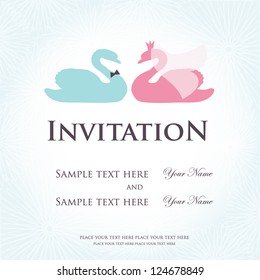 Invitación a la boda con dos lindos cisnes con disfraces de novios y novios