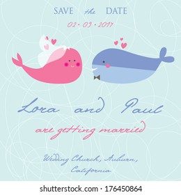 Wedding invitation with two cute whales in bride and groom costumes