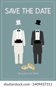 Wedding invitation for the wedding of two men with two black and white tailcoats.