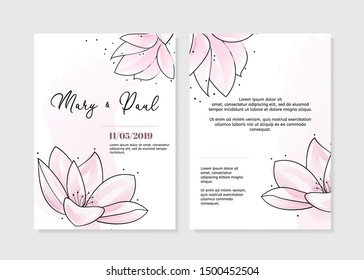 Wedding invitation. Two sides with tender pink hand drawn flowers.