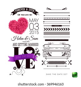 Wedding Invitation. Typography design, Set of Border Patterns and Symbols, decorative heart and purple ribbon on a Simple White Background. Vector illustration.