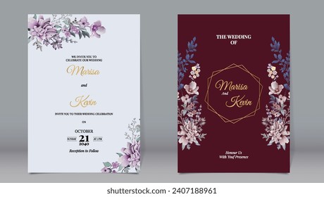 Wedding invitation with various styles of watercolor leaves and maroon background