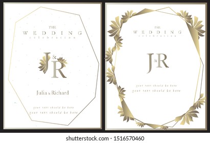 Wedding Invitation vector card, floral invite, rsvp modern card. Design in copper peony with navy white and gold tropical leaf greenery eucalyptus branches decorative Vector elegant rustic template