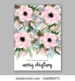 Wedding invitation vector card white anemone flowers spring greenery winter
