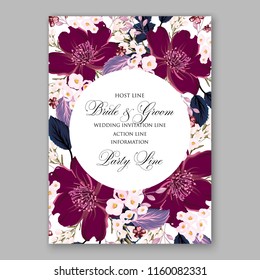 Wedding invitation vector card white anemone flowers spring greenery winter