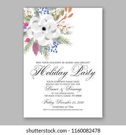 Wedding invitation vector card white anemone flowers spring greenery winter