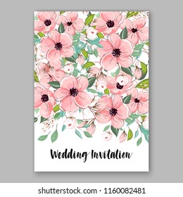 Wedding invitation vector card white anemone flowers spring greenery winter