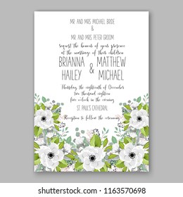 Wedding invitation or vector card with white anemone greenery