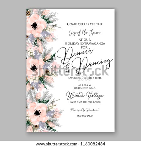 Wedding invitation vector card white anemone flowers spring greenery winter