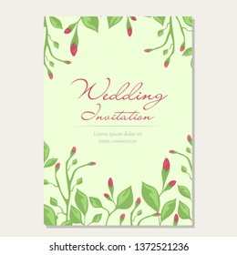 Wedding invitation vector design concept, banner, card, poster. Floral wedding design invitation with Rose flower, eucalyptus, romantic trendy greenery bouquet decoration. Wedding invitation template.