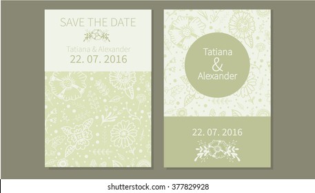 Wedding invitation. Vector design with cute tender flowers and herbs painted by hand. Seamless pattern. Pattern are not cropped and can be edited. All elements are  hidden under mask. 