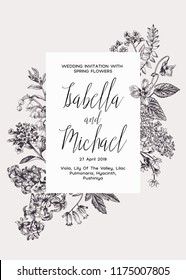 Wedding invitation. Vector frame with spring and summer flowers. Botanical illustration.