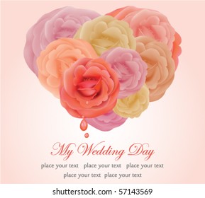 Wedding invitation with vector heart from rose flowers